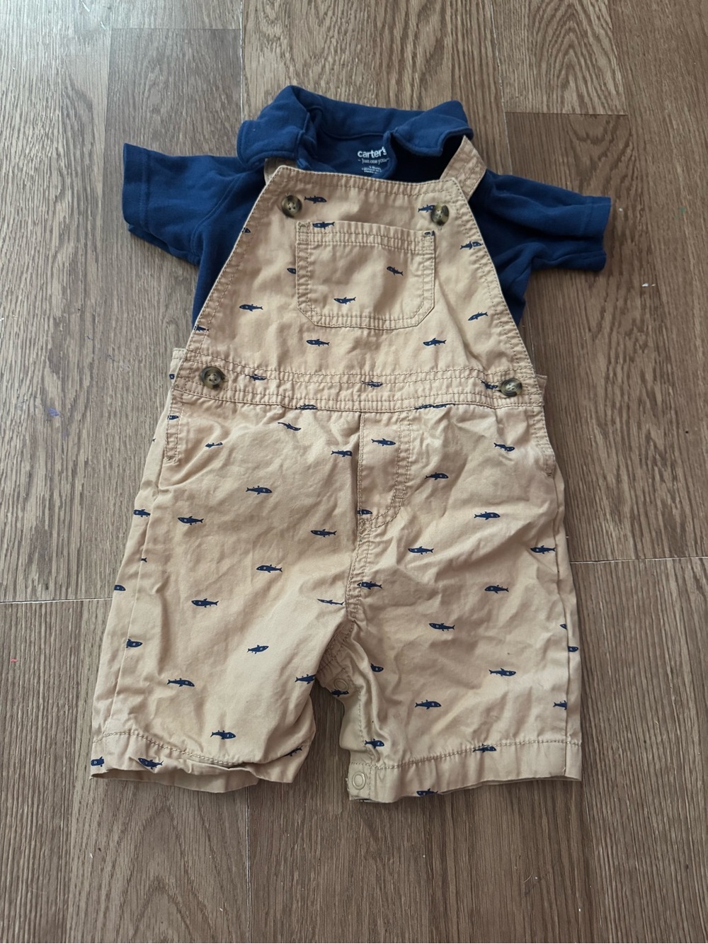 Carter's Tan Shark-Print Cotton Overalls with blue shirt for Kids
